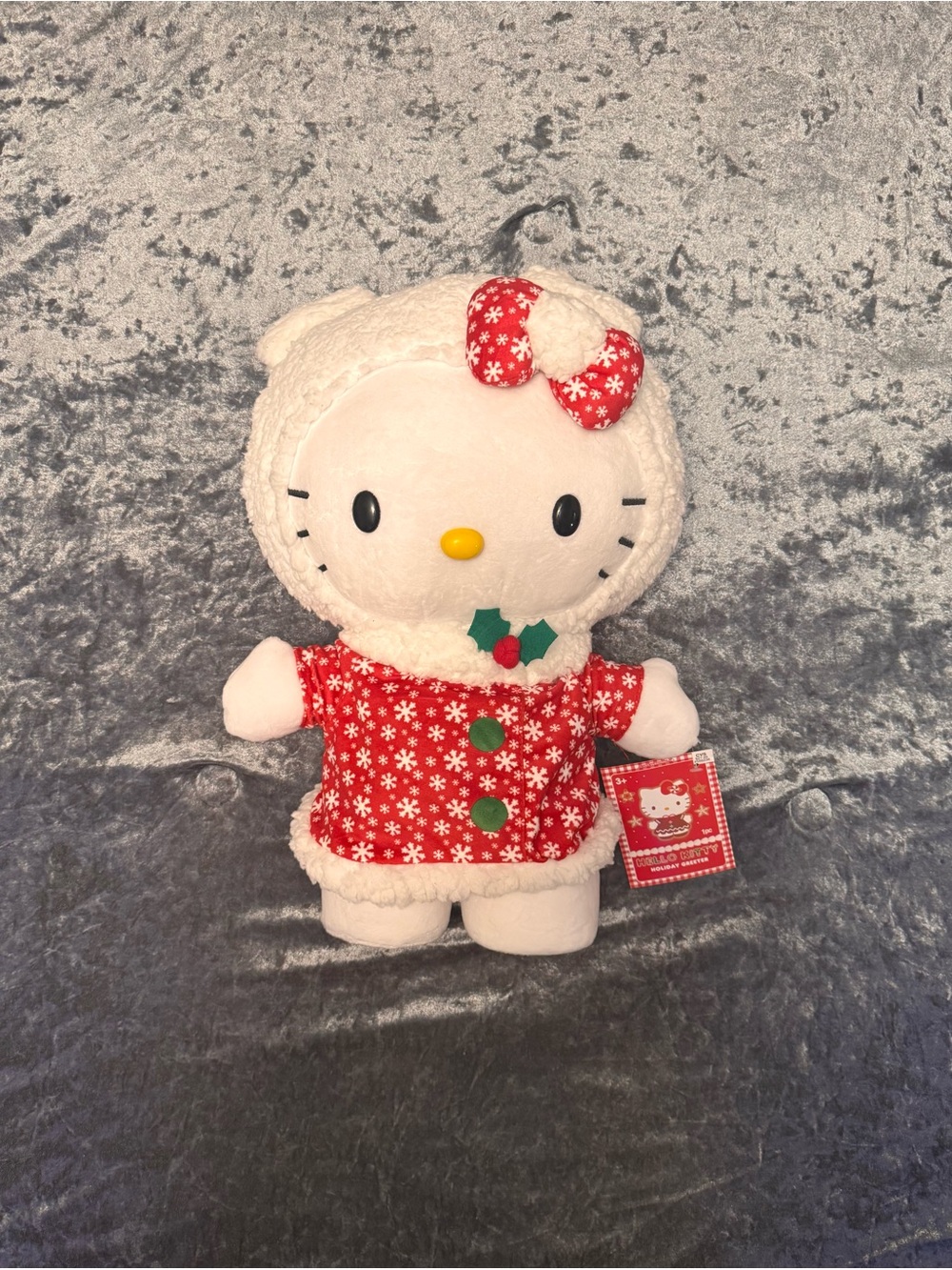Sanrio Hello Kitty Plush in Red Snowflake Dress with Green Buttons